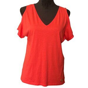 Michael Kors Womens Cold-Shoulder Red Top With Gold Button Details & Logo Accent